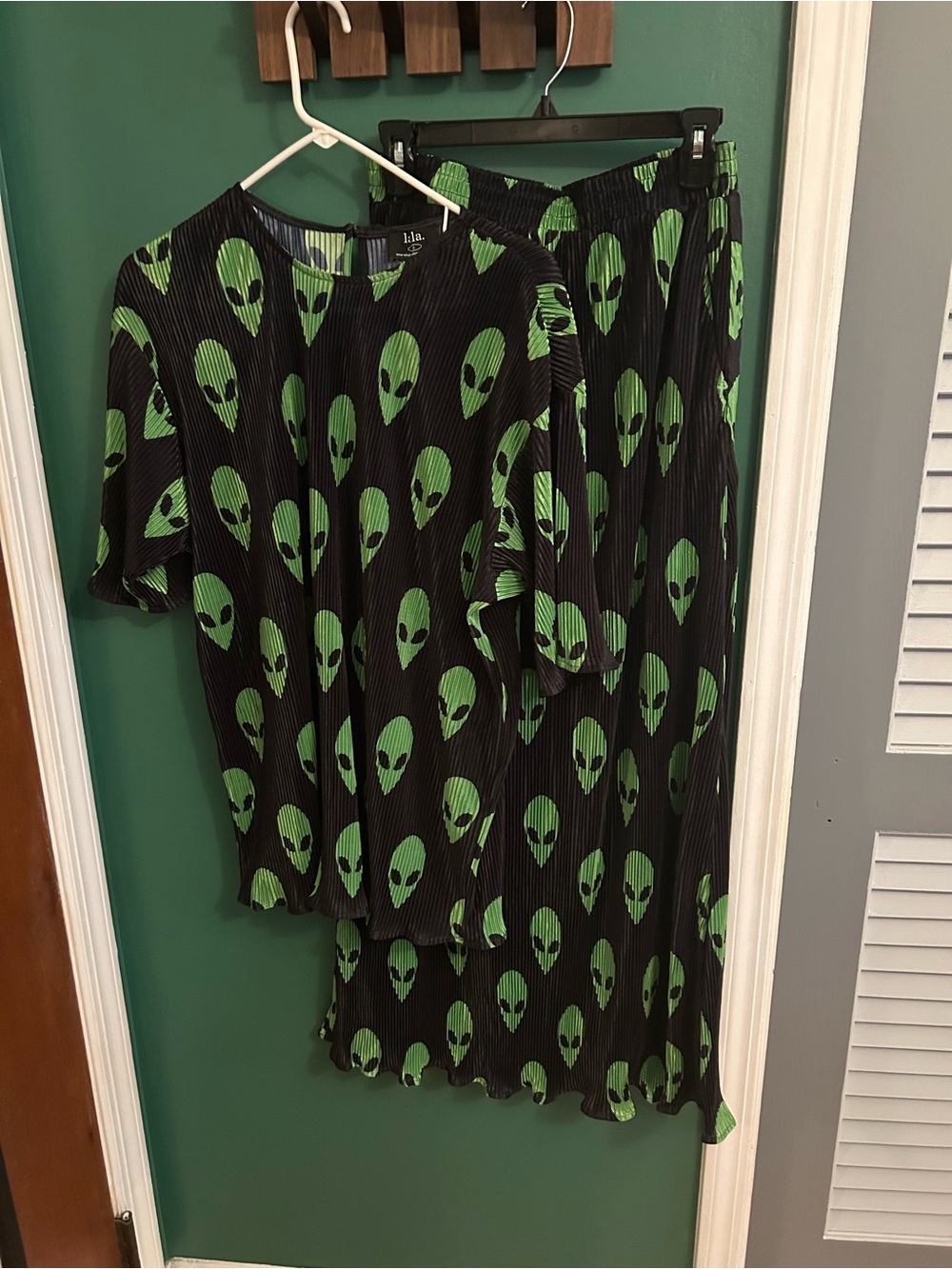 Dressed in LALA Black Midi Dress Set with Green Alien Print